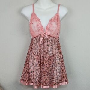 Elegant Women's Coral/ Pink Floral Sheer Lace Babydoll Lingerie Set sz L